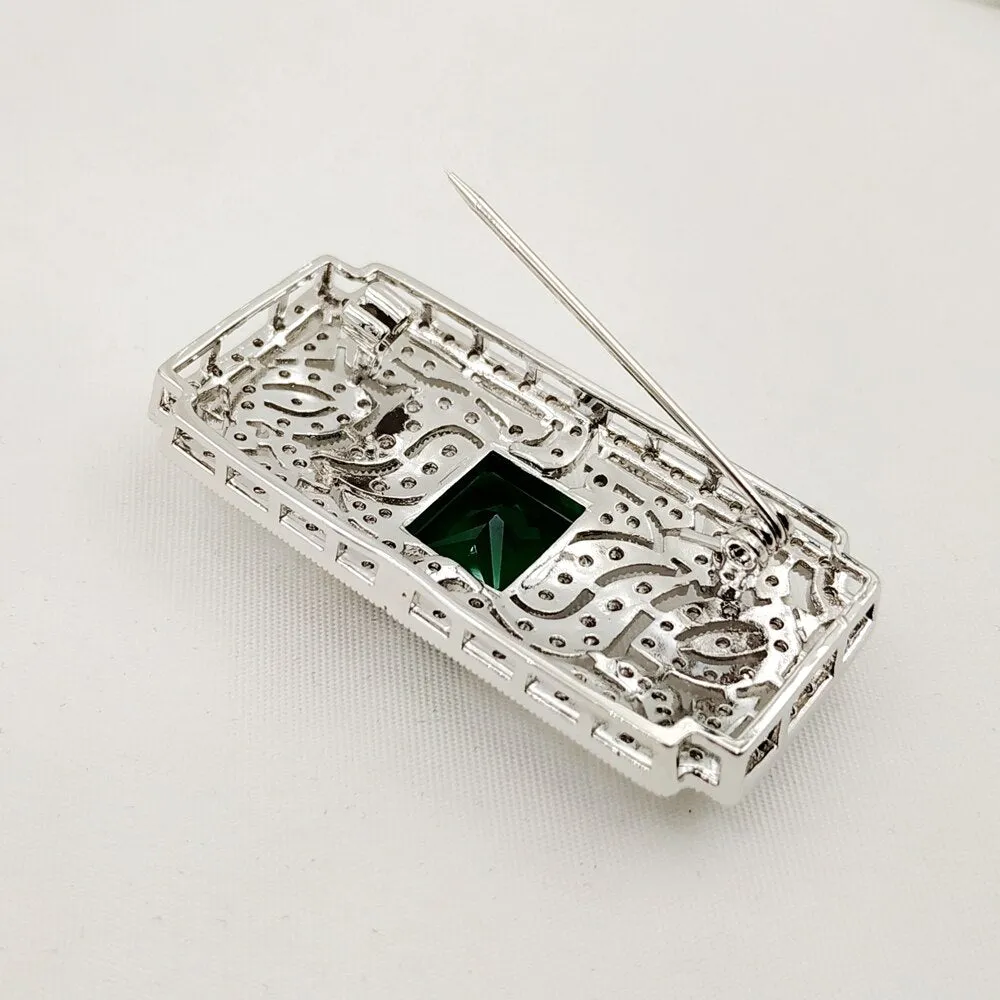 Jewelblings Old European Style Vintage Green Stone Domed Art Deco Rectangle Shaped Brooches Pins for Women Shawl Business Suit Formal Dress