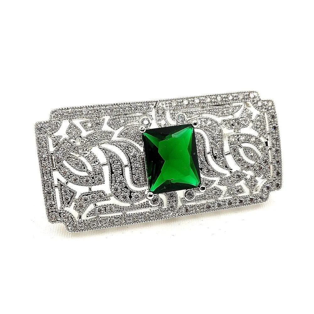 Jewelblings Old European Style Vintage Green Stone Domed Art Deco Rectangle Shaped Brooches Pins for Women Shawl Business Suit Formal Dress