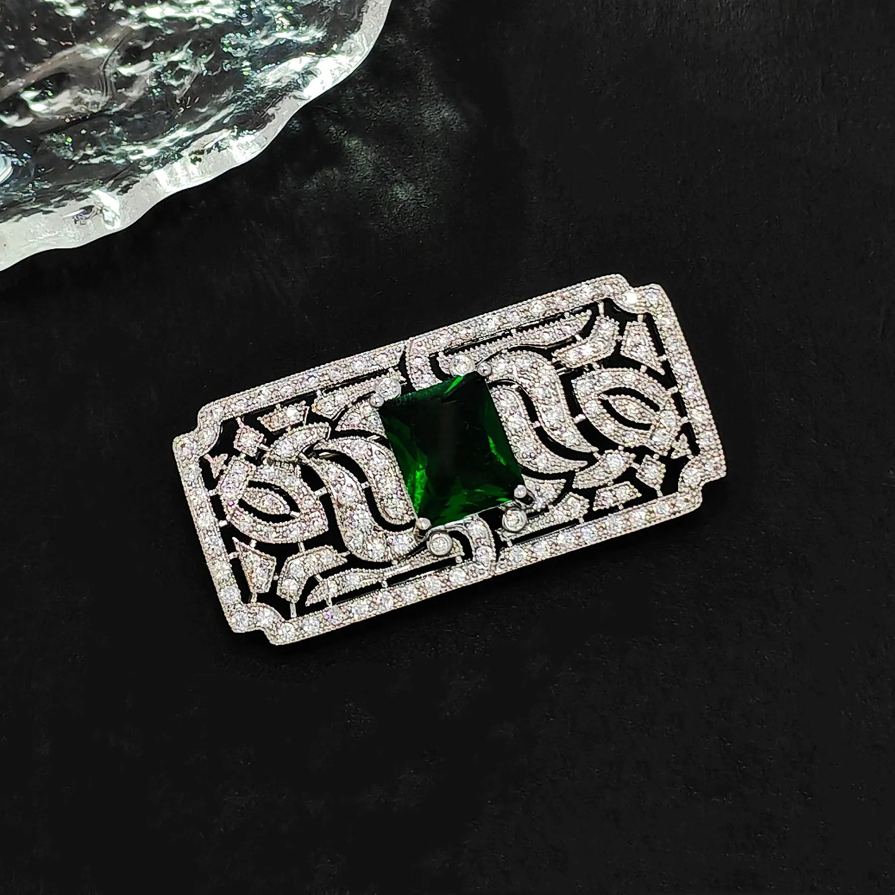 Jewelblings Old European Style Vintage Green Stone Domed Art Deco Rectangle Shaped Brooches Pins for Women Shawl Business Suit Formal Dress