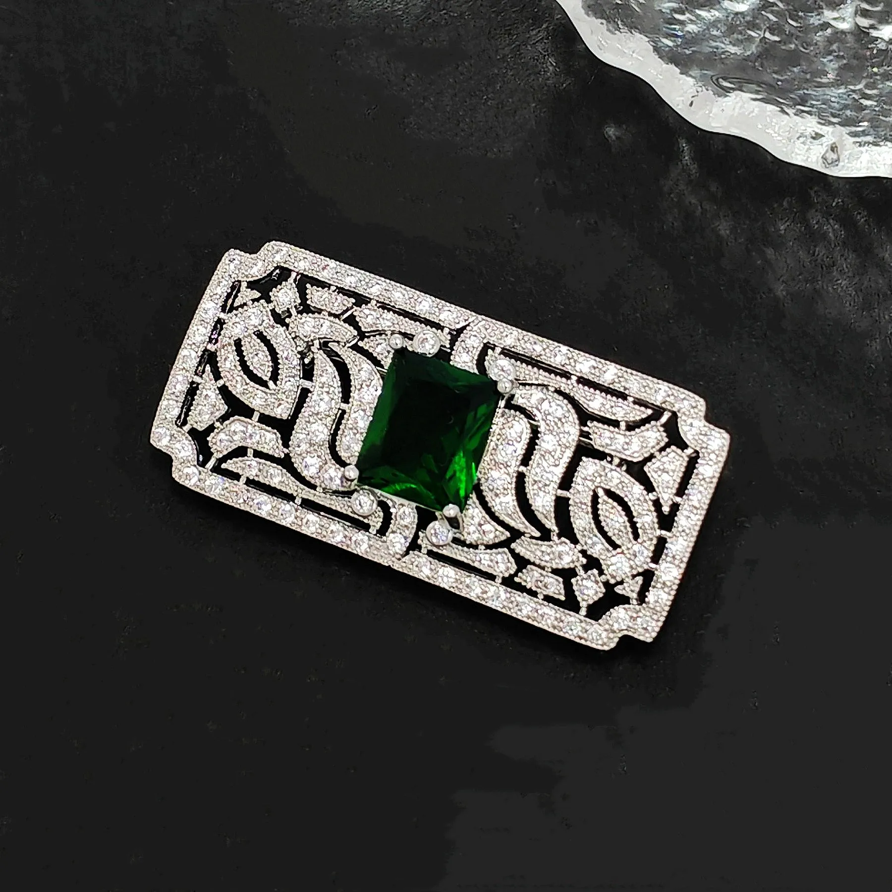 Jewelblings Old European Style Vintage Green Stone Domed Art Deco Rectangle Shaped Brooches Pins for Women Shawl Business Suit Formal Dress