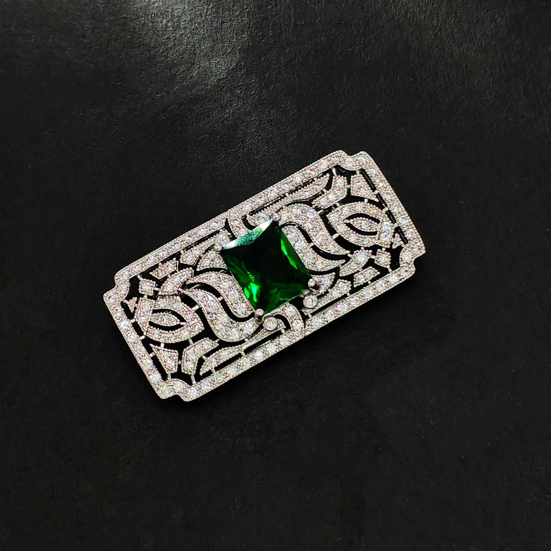 Jewelblings Old European Style Vintage Green Stone Domed Art Deco Rectangle Shaped Brooches Pins for Women Shawl Business Suit Formal Dress