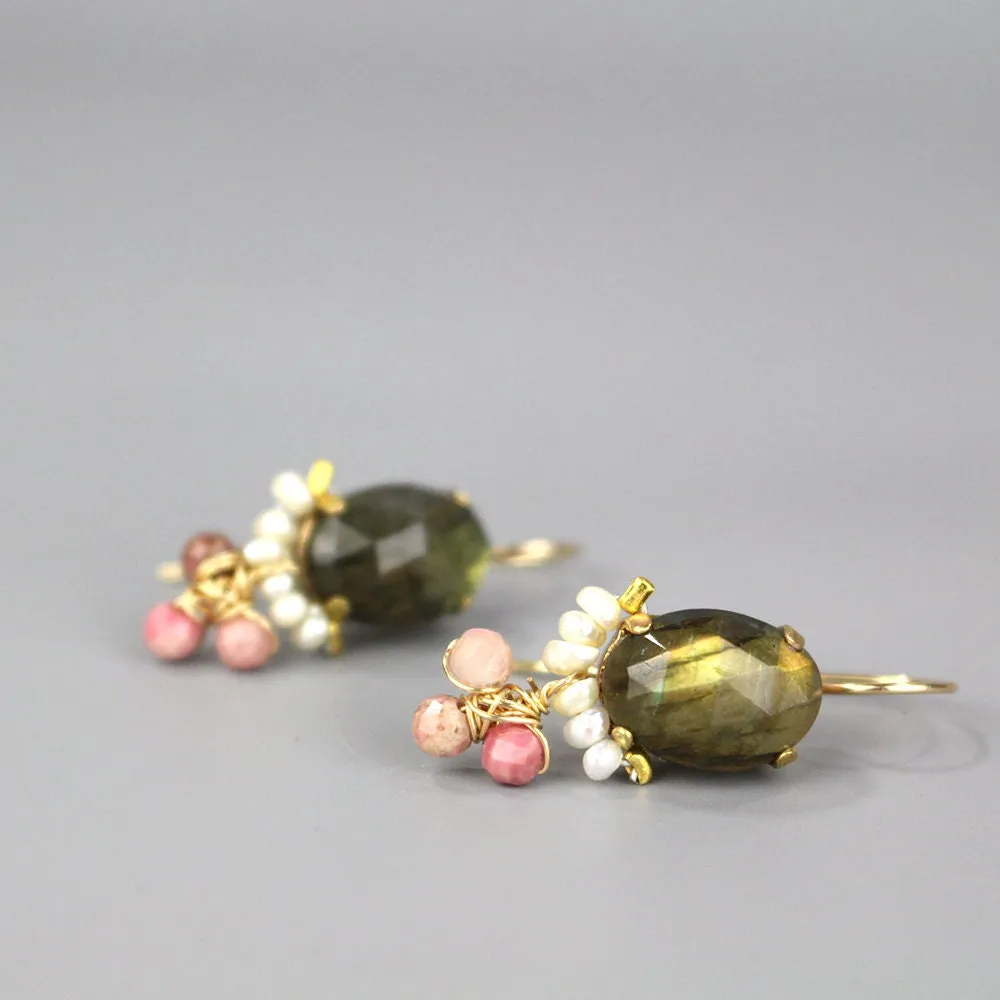 Labradorite Pearl Rhodonite Oval Earrings