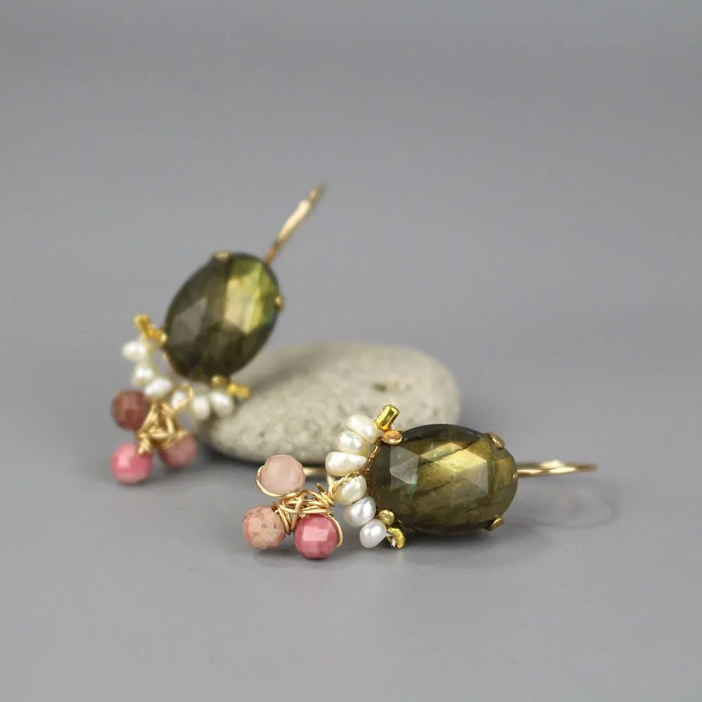 Labradorite Pearl Rhodonite Oval Earrings