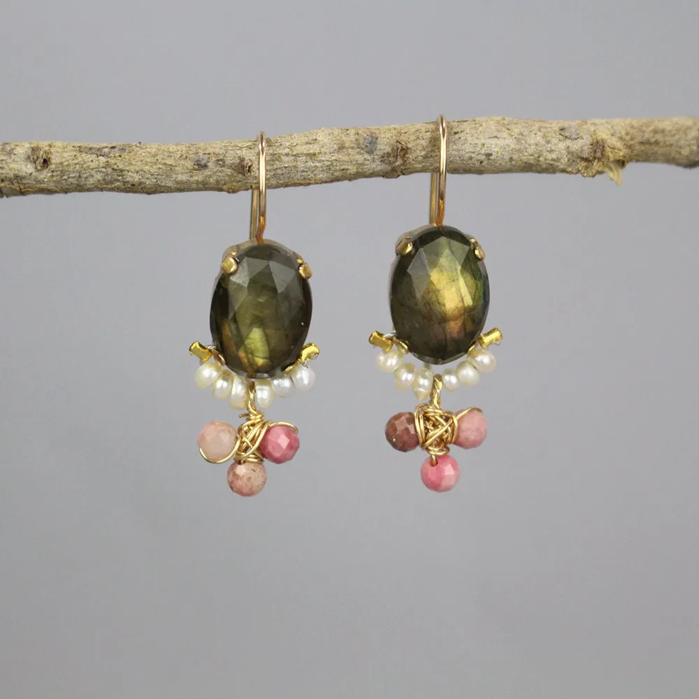 Labradorite Pearl Rhodonite Oval Earrings