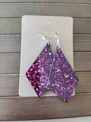 Large diamond shaped purple sparkle effect earrings