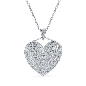 Large Heart Cubic Zirconia CZ Puff Pendant Necklace Sterling Silver