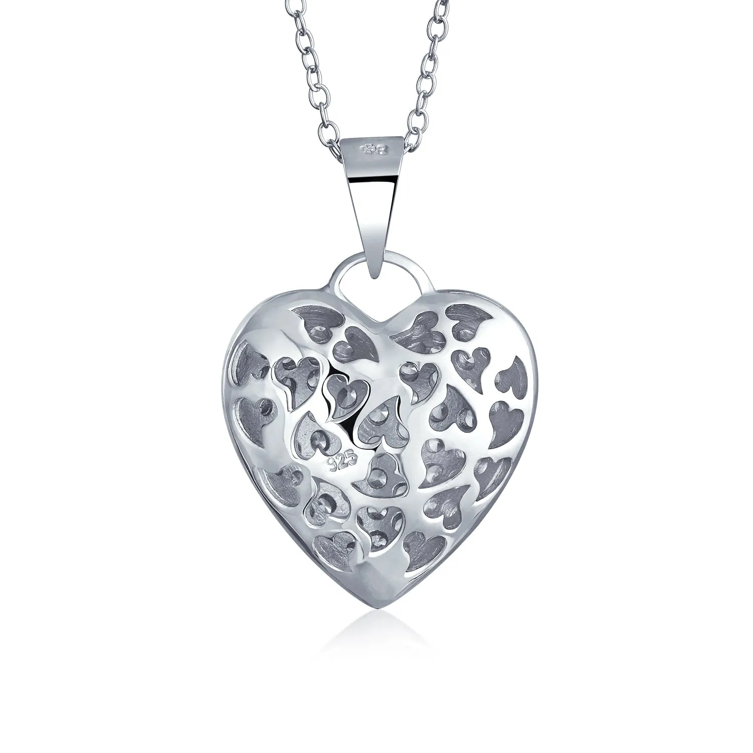 Large Heart Cubic Zirconia CZ Puff Pendant Necklace Sterling Silver