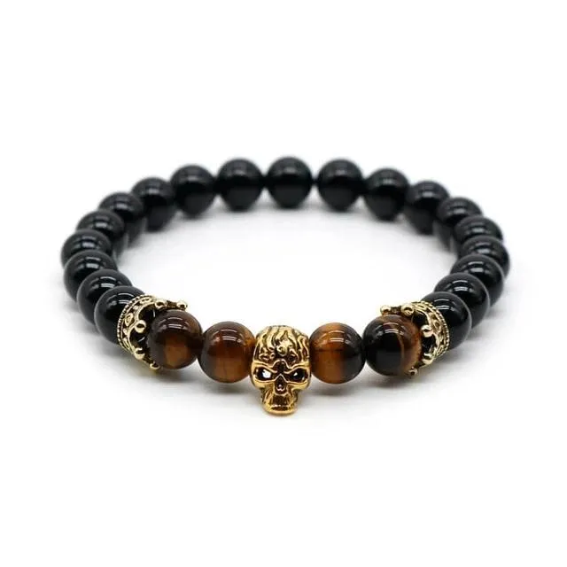 Lava Rock Stone Skull and Crown Beaded Bracelet