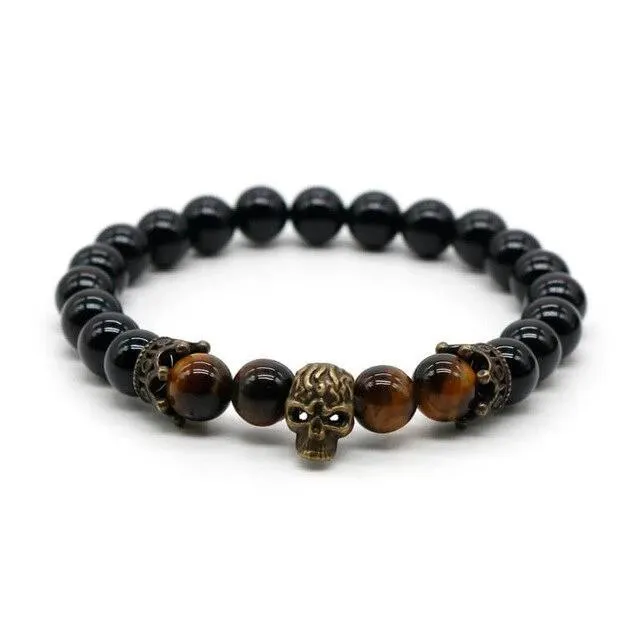 Lava Rock Stone Skull and Crown Beaded Bracelet