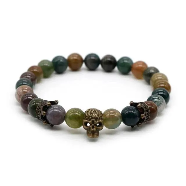 Lava Rock Stone Skull and Crown Beaded Bracelet