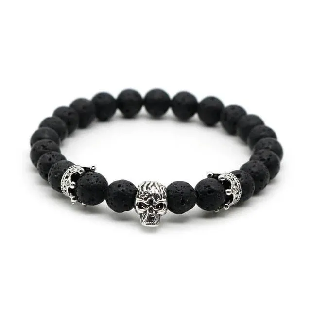 Lava Rock Stone Skull and Crown Beaded Bracelet