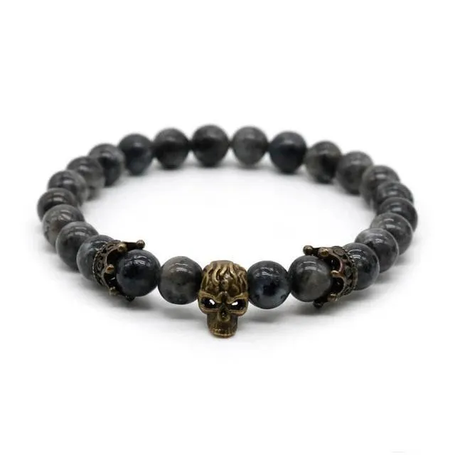 Lava Rock Stone Skull and Crown Beaded Bracelet