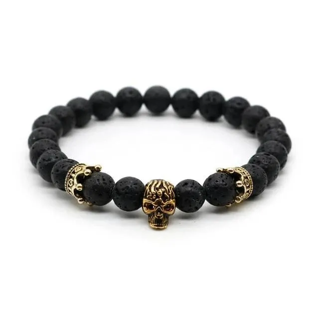 Lava Rock Stone Skull and Crown Beaded Bracelet