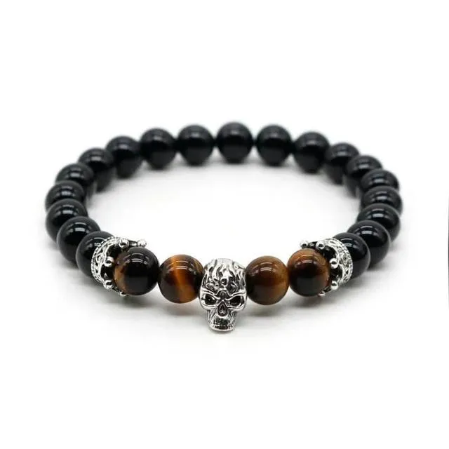 Lava Rock Stone Skull and Crown Beaded Bracelet