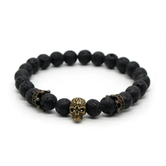 Lava Rock Stone Skull and Crown Beaded Bracelet