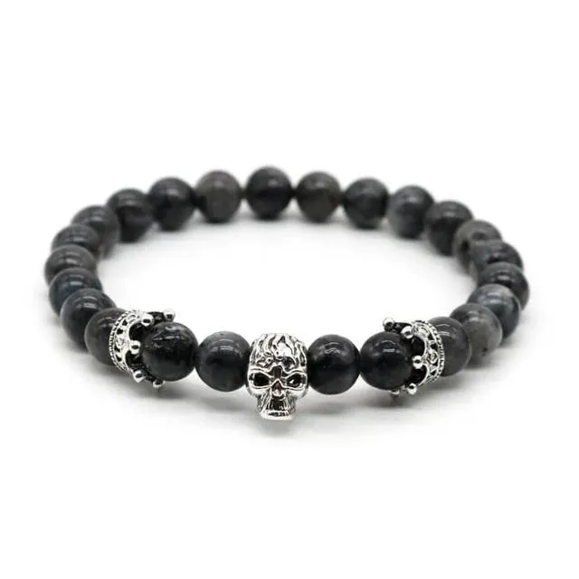 Lava Rock Stone Skull and Crown Beaded Bracelet