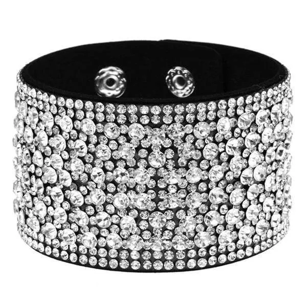 Leather Rhinestone Wide Band Bracelet