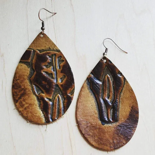 Leather Teardrop Earrings Tan Steer Head