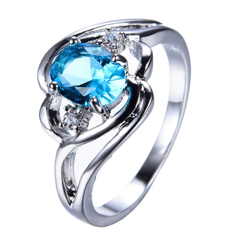 Light Blue Zircon Female Oval Ring White Gold Filled Wedding Party Engagement Finger Rings For Women Fashion Jewelry