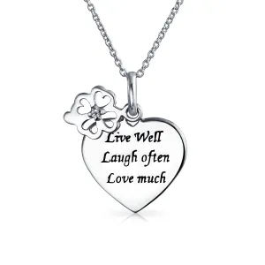 Live Love Laugh Heart Shape Pendant Necklace with Flower Charm Sterling Silver