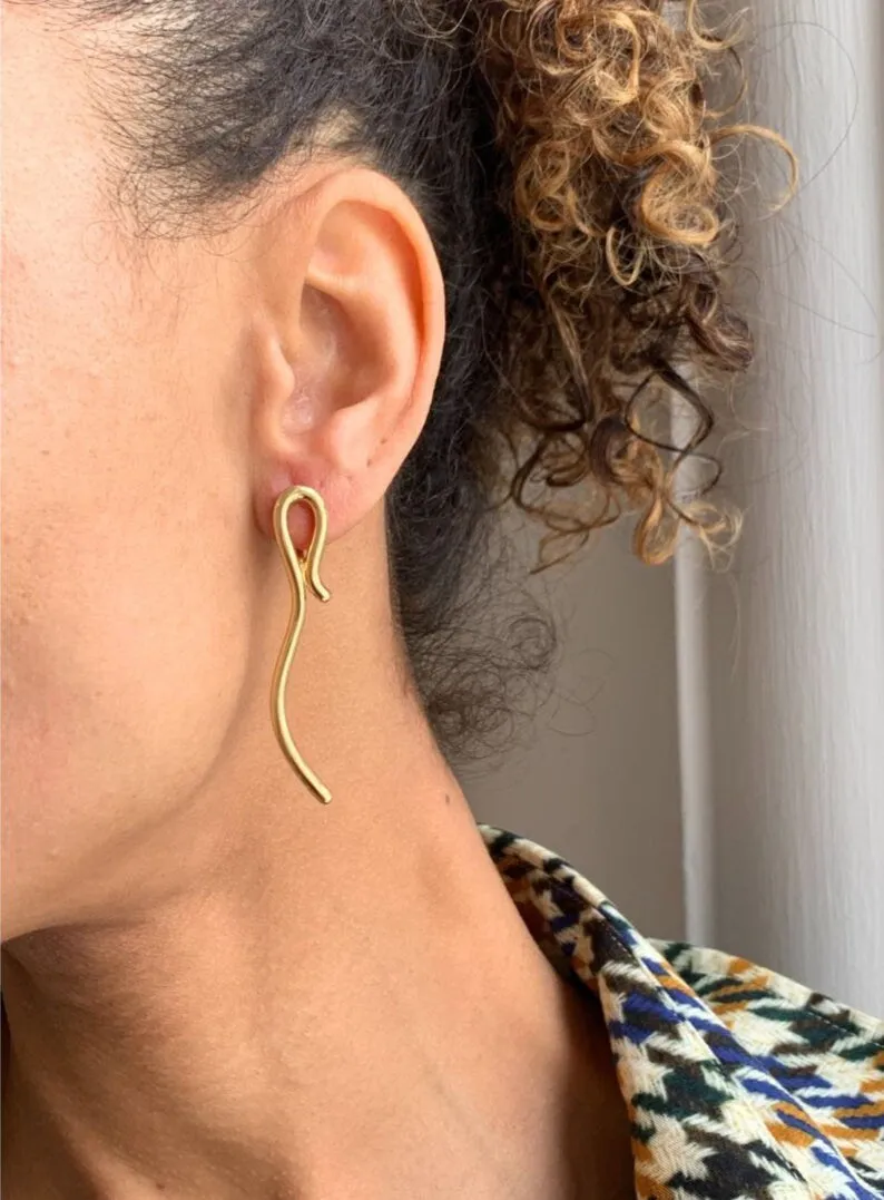 Long Gold Curvy Earrings - Artistic Gold Earrings, Unique Gold Earrings