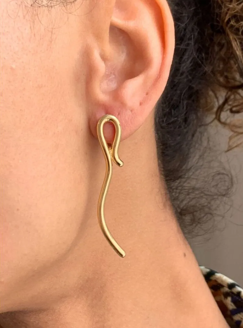 Long Gold Curvy Earrings - Artistic Gold Earrings, Unique Gold Earrings