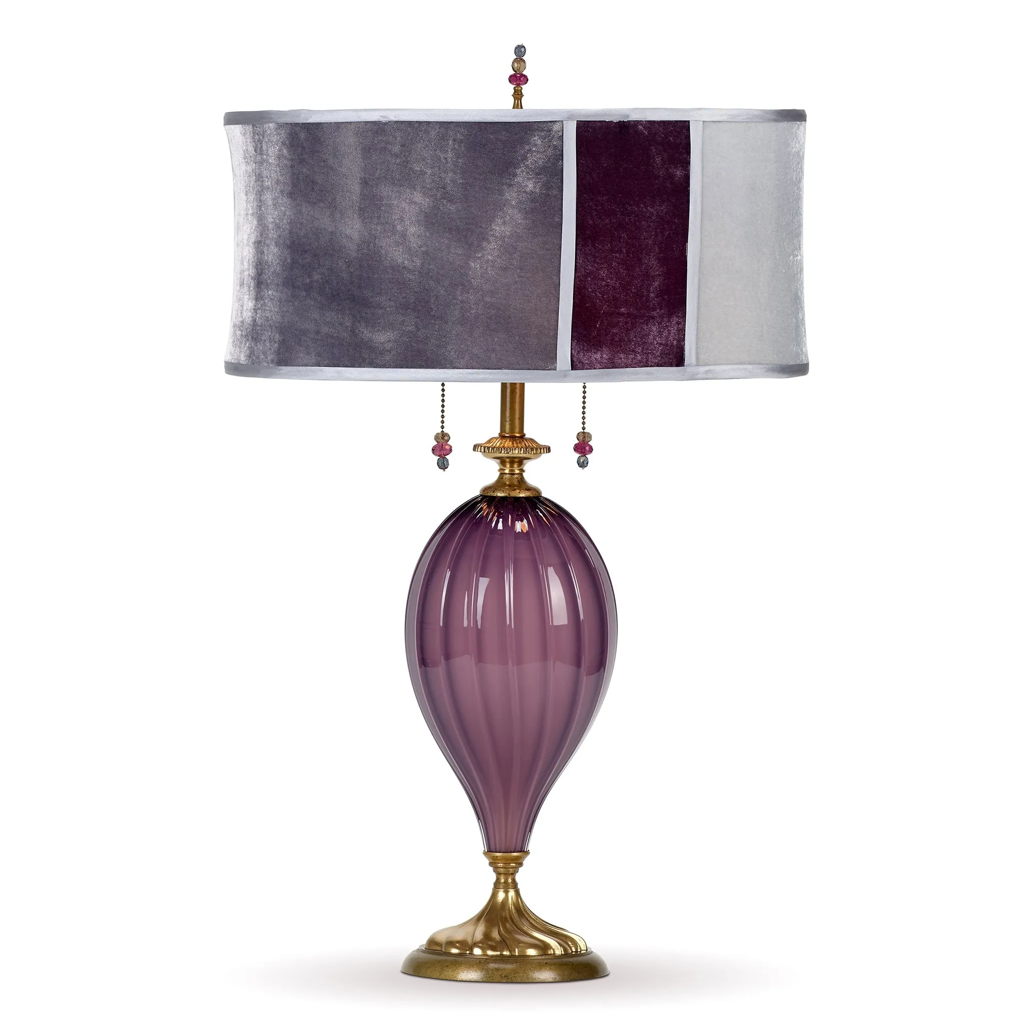 Marcella Table Lamp 227AK174 Colors Purple Blown Glass Base and Kevin O"Brien Gray and Aubergine Silk Velvet Shade by Kinzig Design