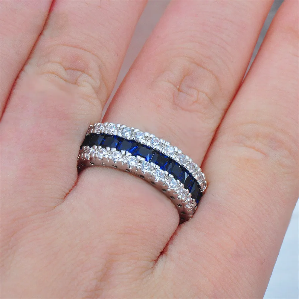 Men Women Blue Round Ring Vintage White Gold Filled Jewelry Christmas Gifts