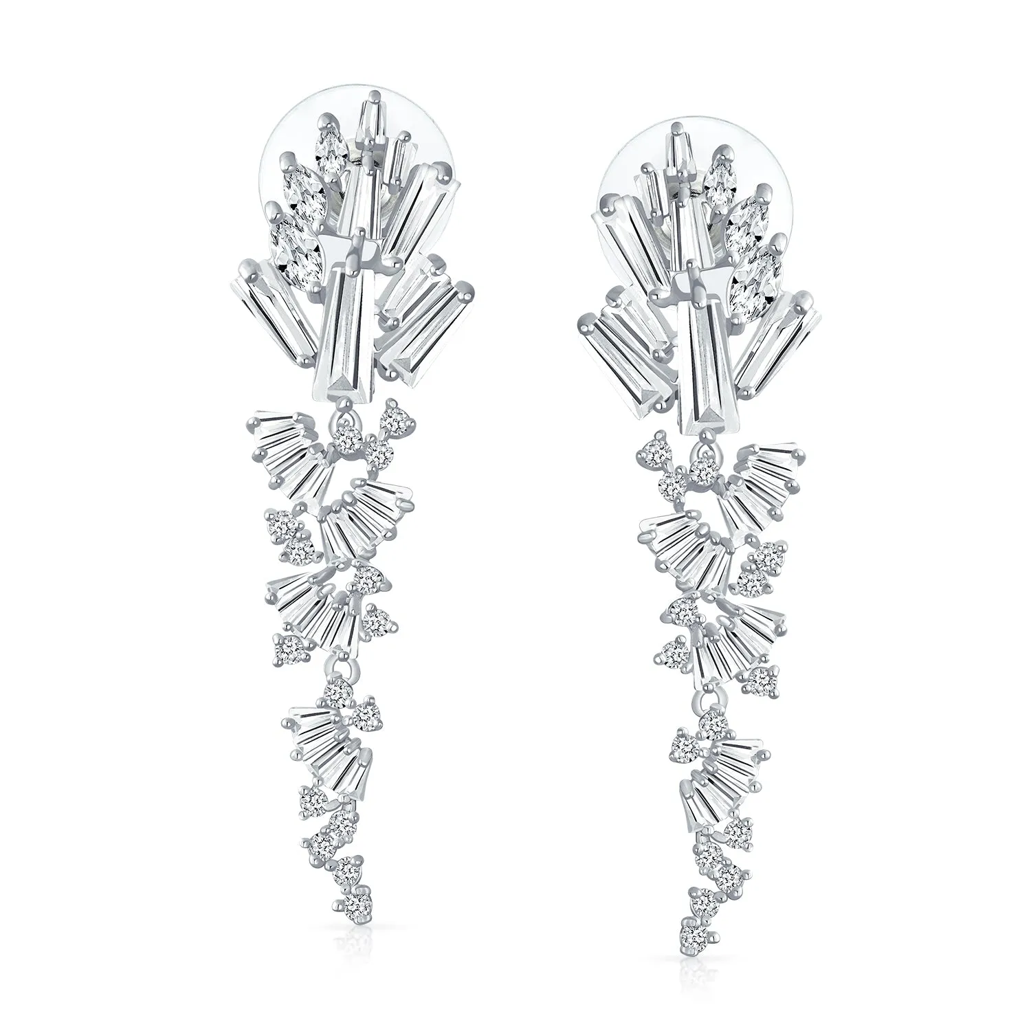 Modern Bride Waterfall Dangle Chandelier Earrings CZ Silver Plated Brass