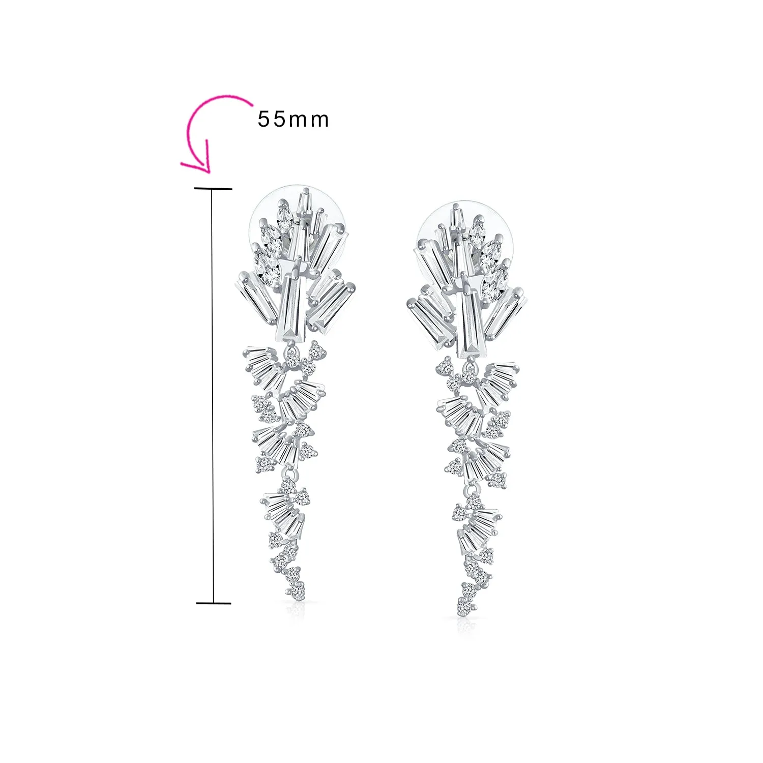 Modern Bride Waterfall Dangle Chandelier Earrings CZ Silver Plated Brass