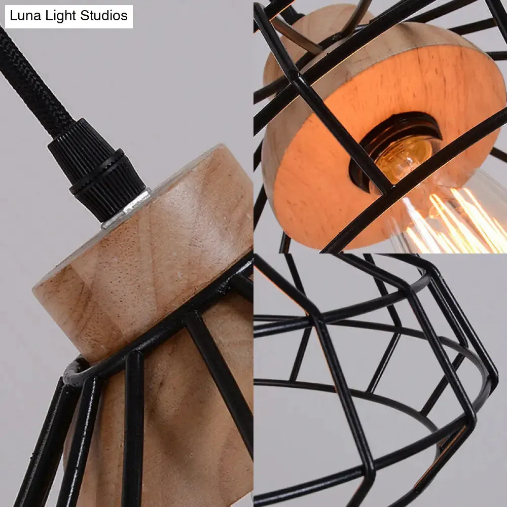 Modern Caged Pendant Light with Wooden Cap - Black - Ideal for Dining Room