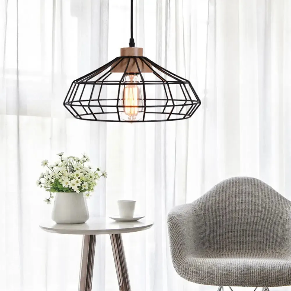 Modern Caged Pendant Light with Wooden Cap - Black - Ideal for Dining Room