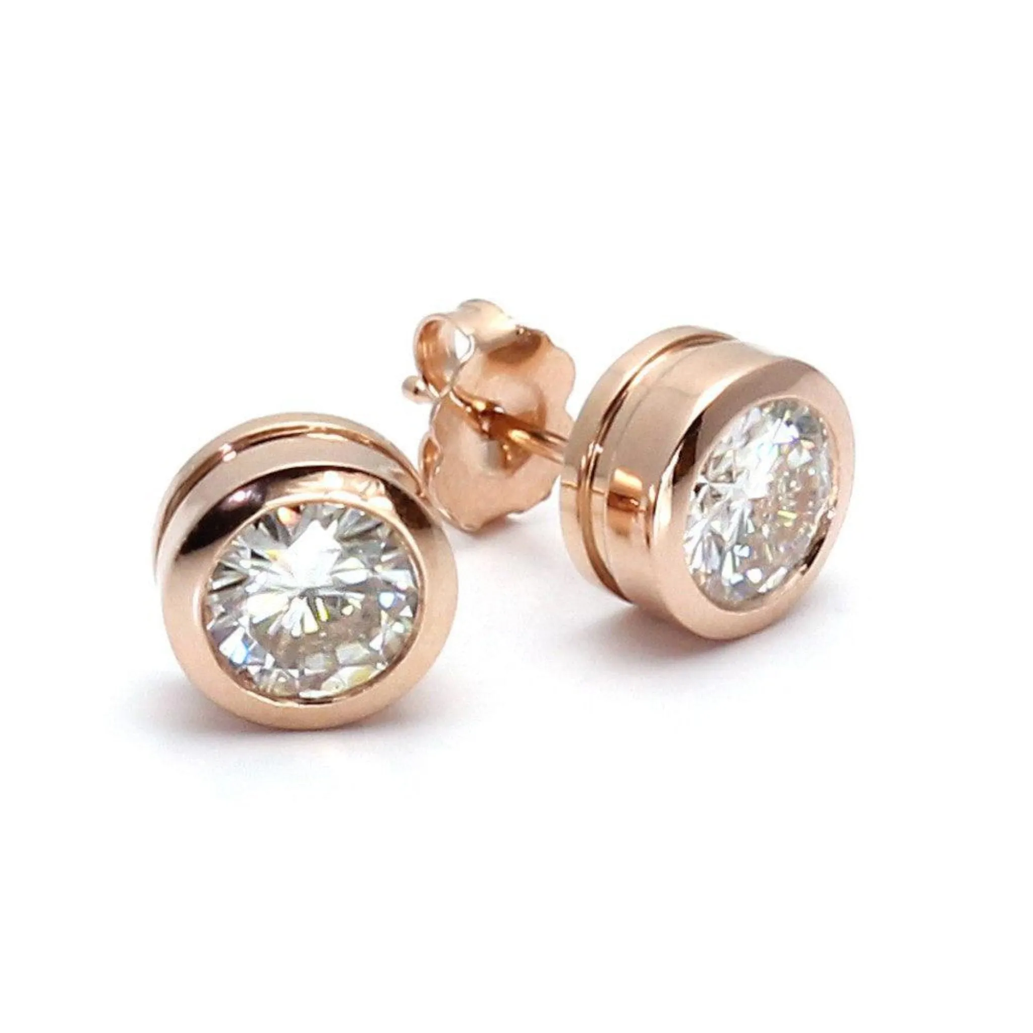 Moissanite Stud Earrings | Forever One Bezel Set in 14K Gold, 1-2 Carats