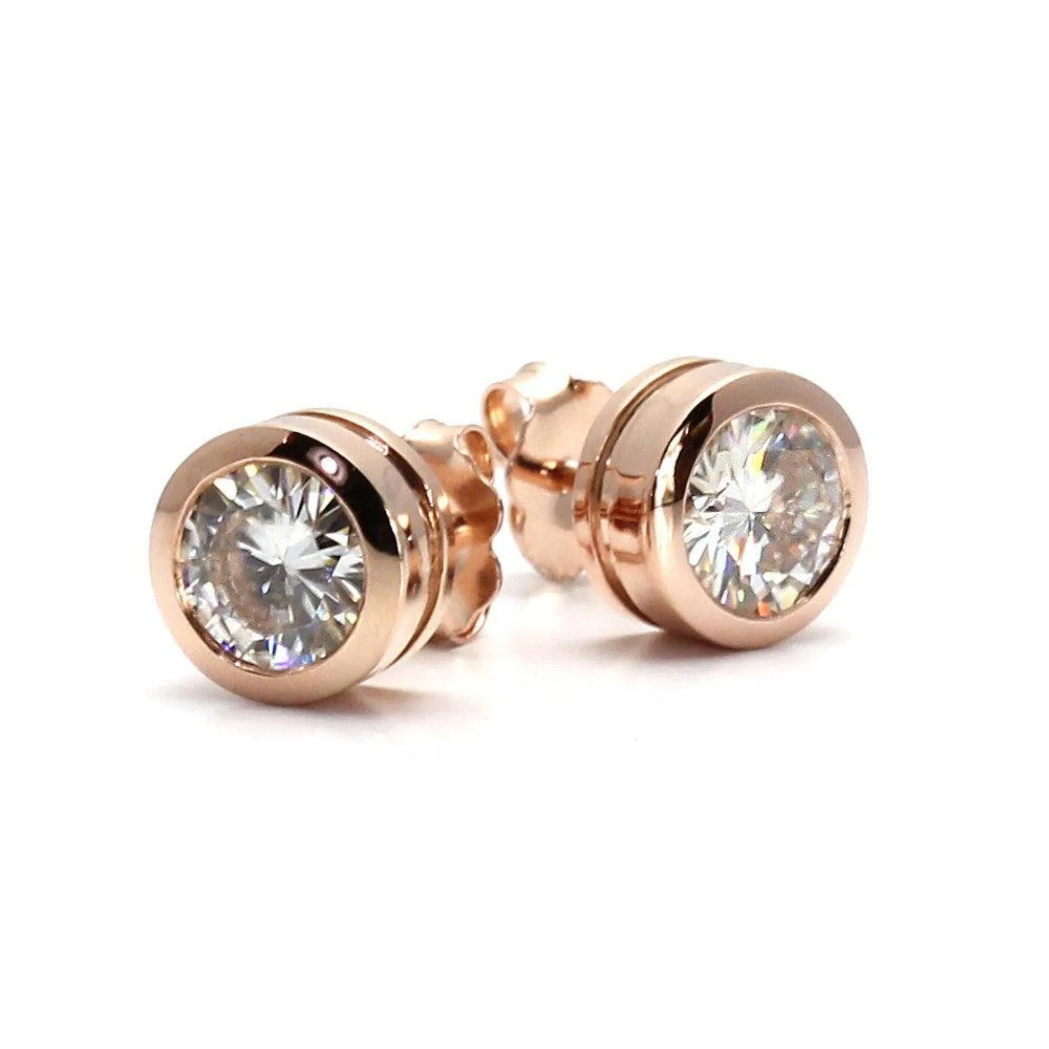 Moissanite Stud Earrings | Forever One Bezel Set in 14K Gold, 1-2 Carats