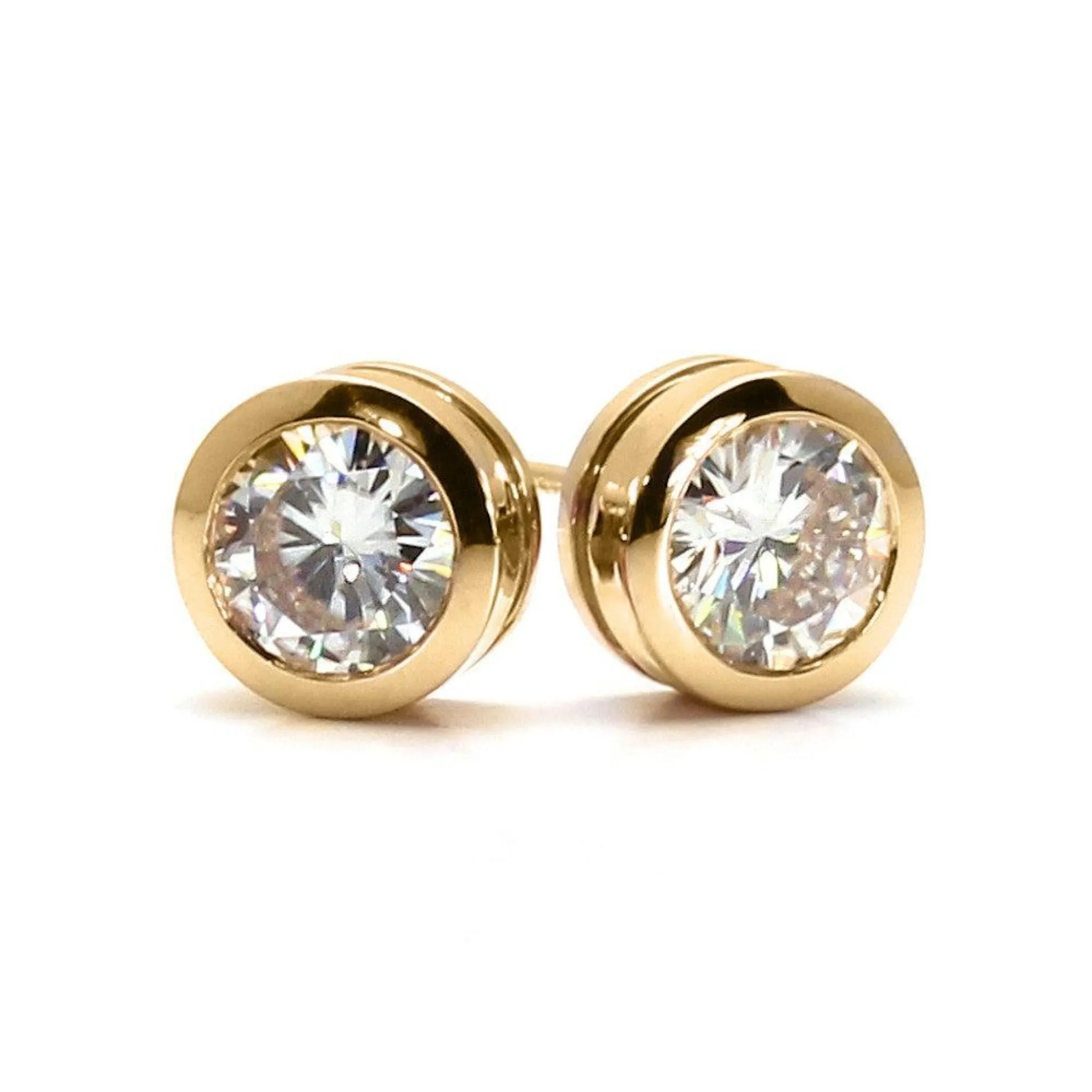 Moissanite Stud Earrings | Forever One Bezel Set in 14K Gold, 1-2 Carats