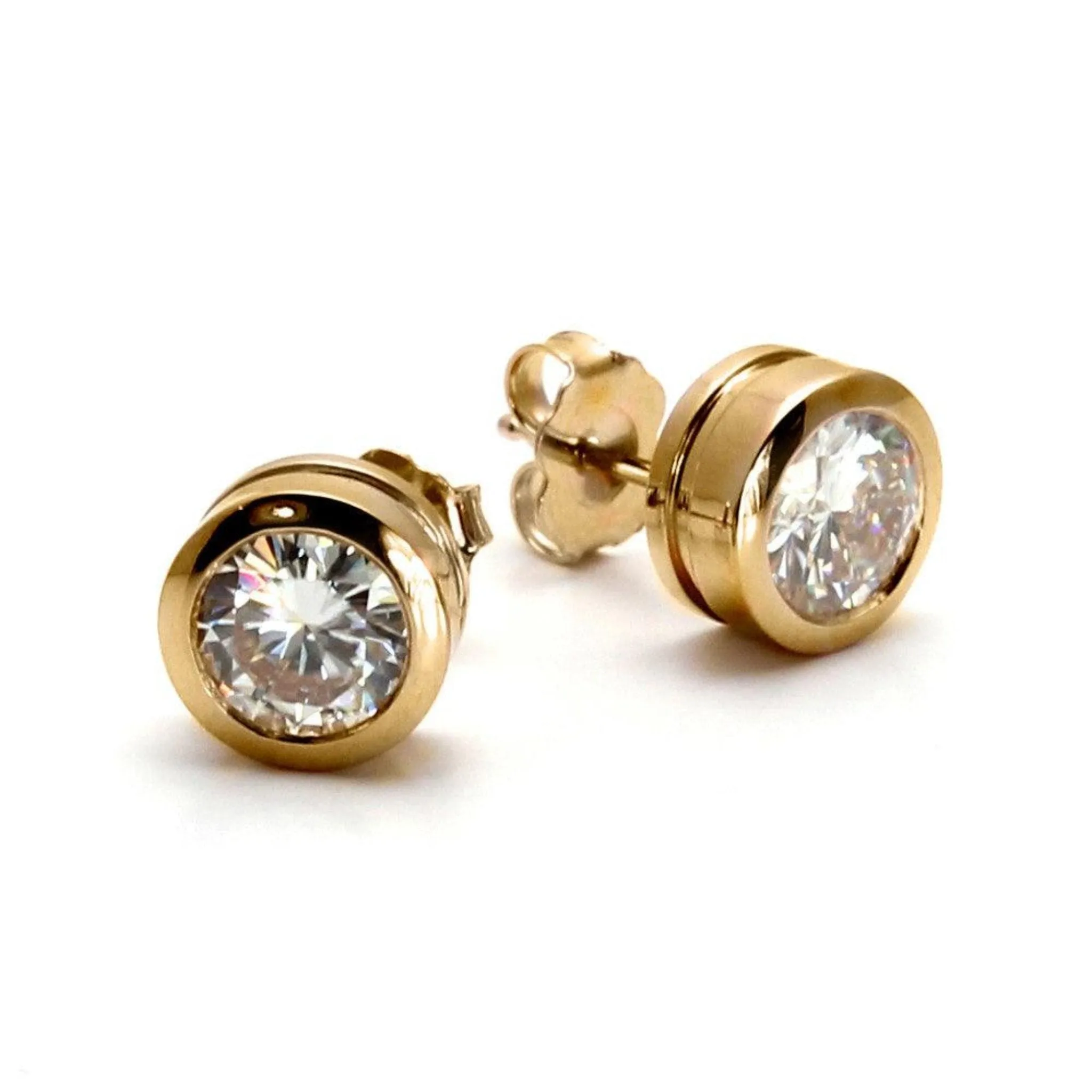 Moissanite Stud Earrings | Forever One Bezel Set in 14K Gold, 1-2 Carats