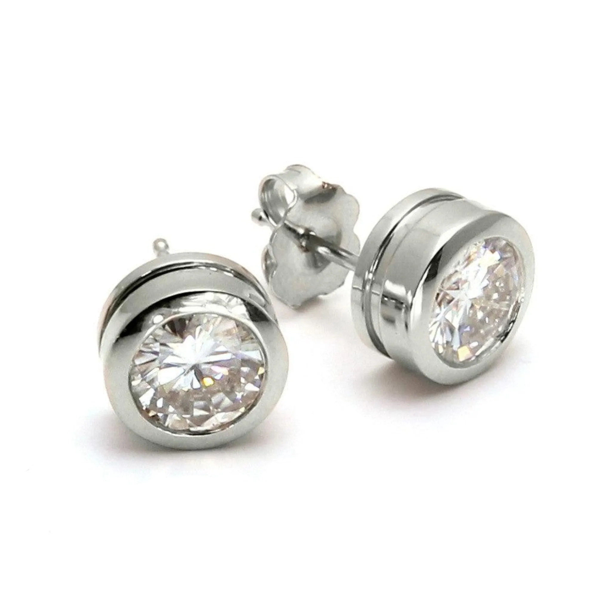 Moissanite Stud Earrings | Forever One Bezel Set in 14K Gold, 1-2 Carats