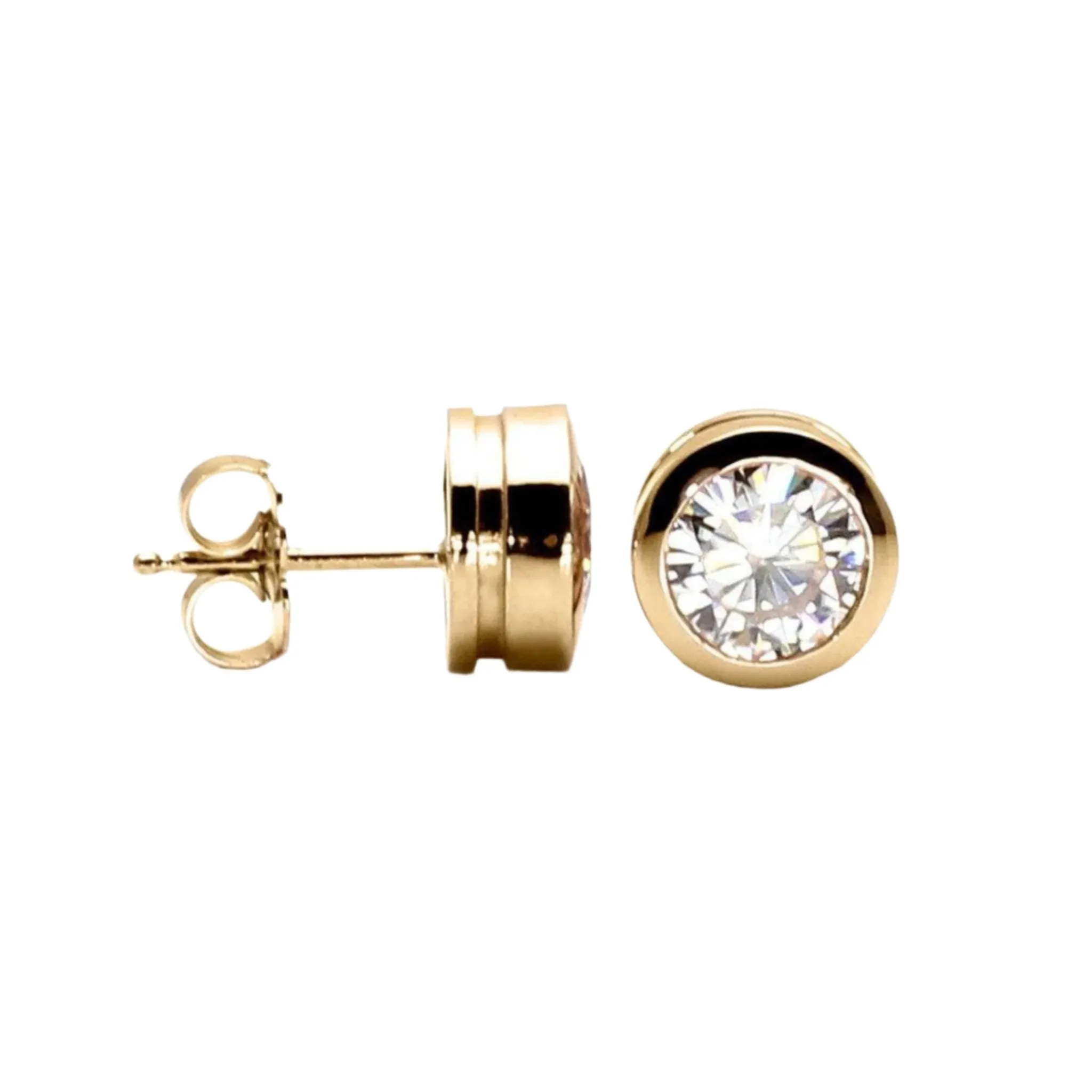 Moissanite Stud Earrings | Forever One Bezel Set in 14K Gold, 1-2 Carats