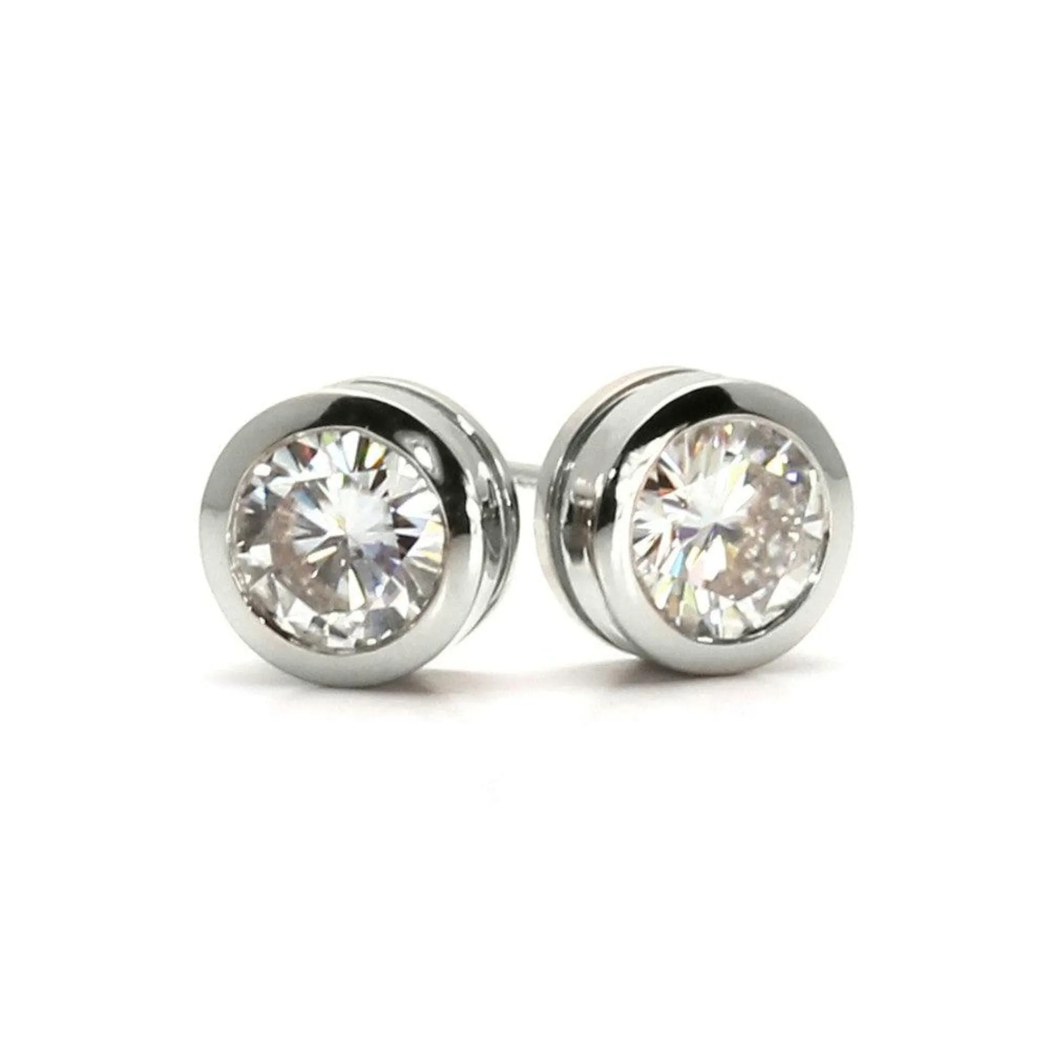 Moissanite Stud Earrings | Forever One Bezel Set in 14K Gold, 1-2 Carats