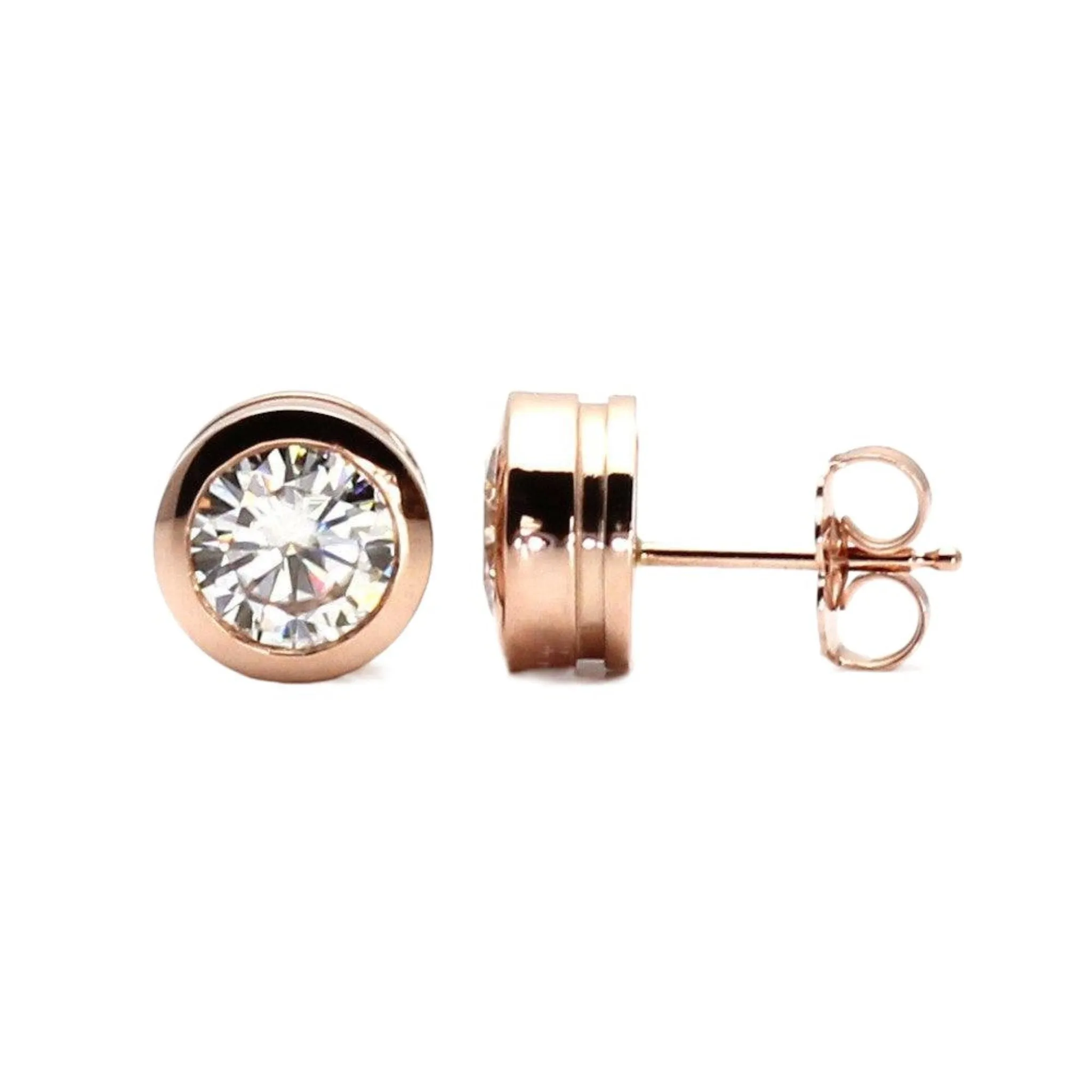 Moissanite Stud Earrings | Forever One Bezel Set in 14K Gold, 1-2 Carats