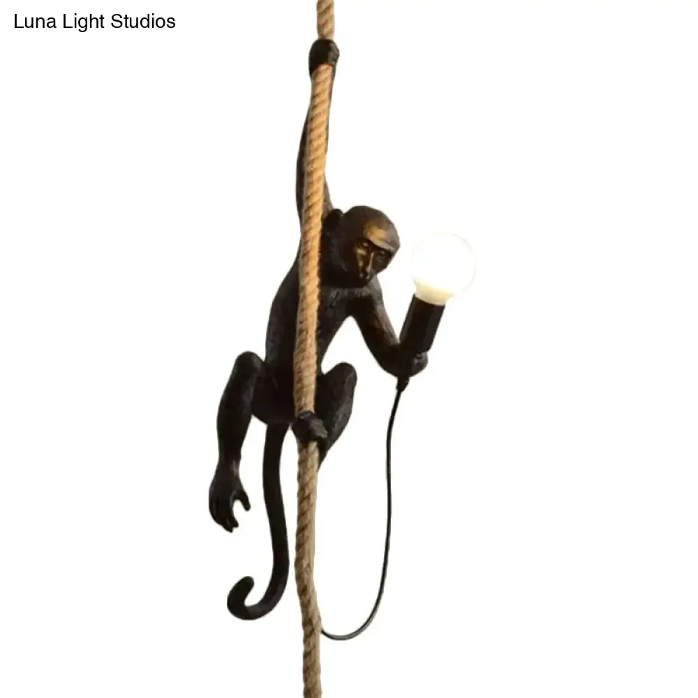 Monkey Resin Pendant Lamp with Hanging Rope - Artistic Ceiling Light Sculpture - 1 Bulb