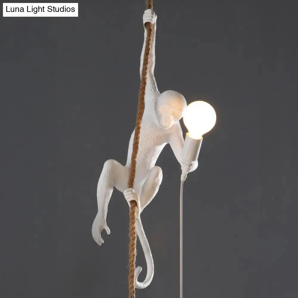 Monkey Resin Pendant Lamp with Hanging Rope - Artistic Ceiling Light Sculpture - 1 Bulb