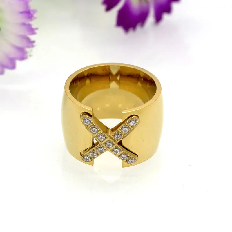 New Arrival 18K Gold Plated Ring Bijoux 14mm Width Big Pave Setting CZ Cross X Ring For Women Trendy Fine Jewelry