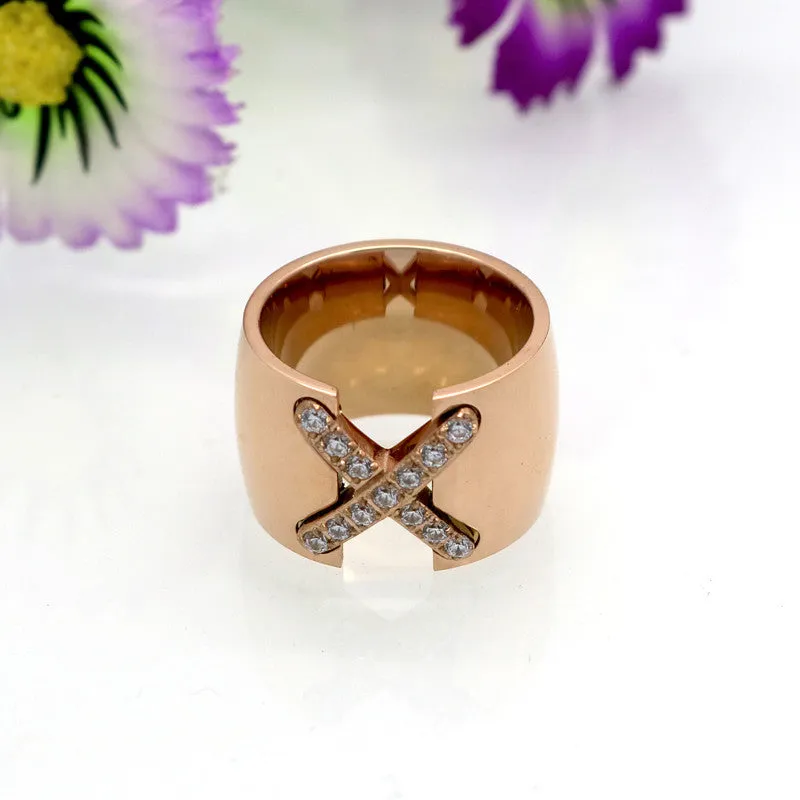 New Arrival 18K Gold Plated Ring Bijoux 14mm Width Big Pave Setting CZ Cross X Ring For Women Trendy Fine Jewelry