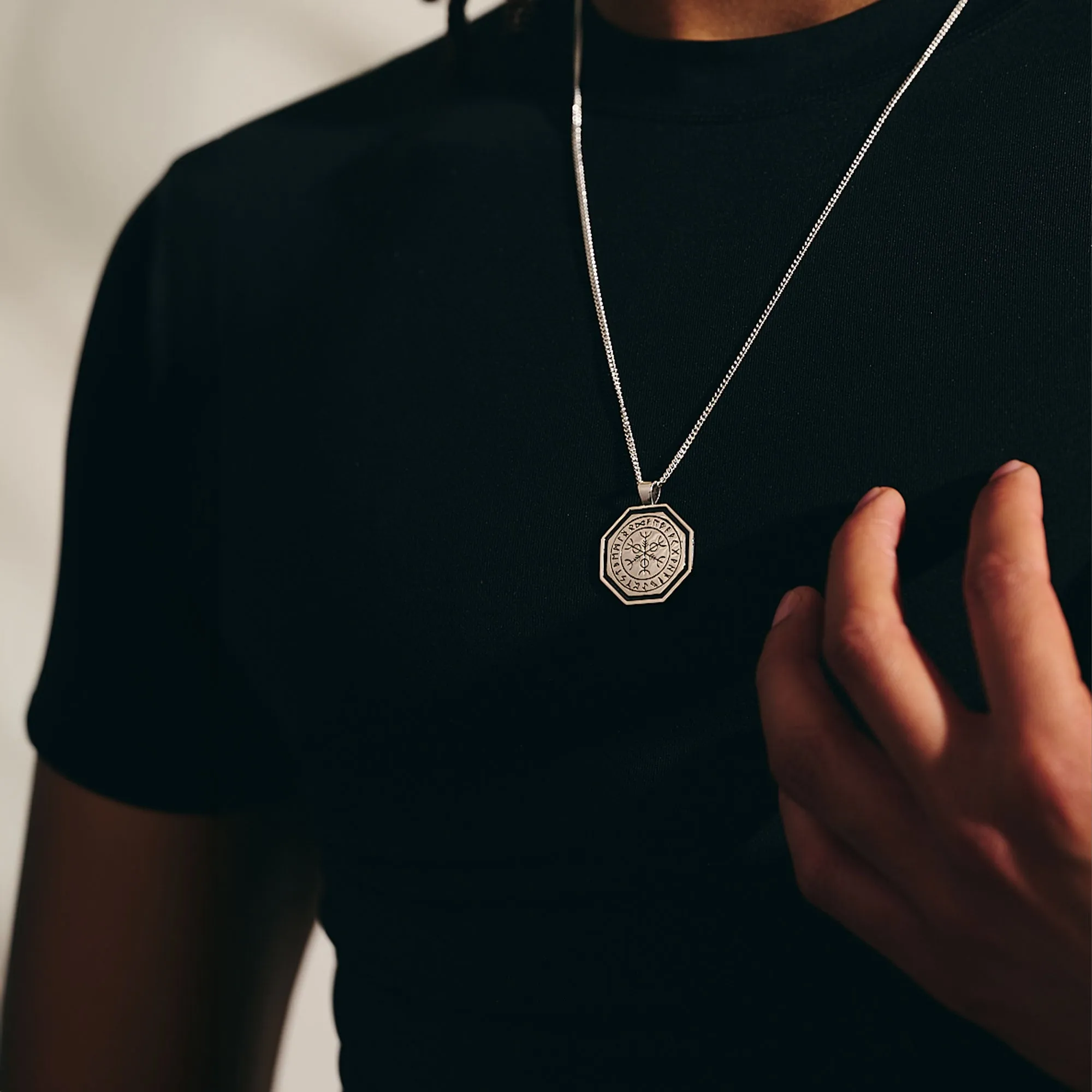 Octagon Vegvisir Viking Rune Personalised Silver Necklace