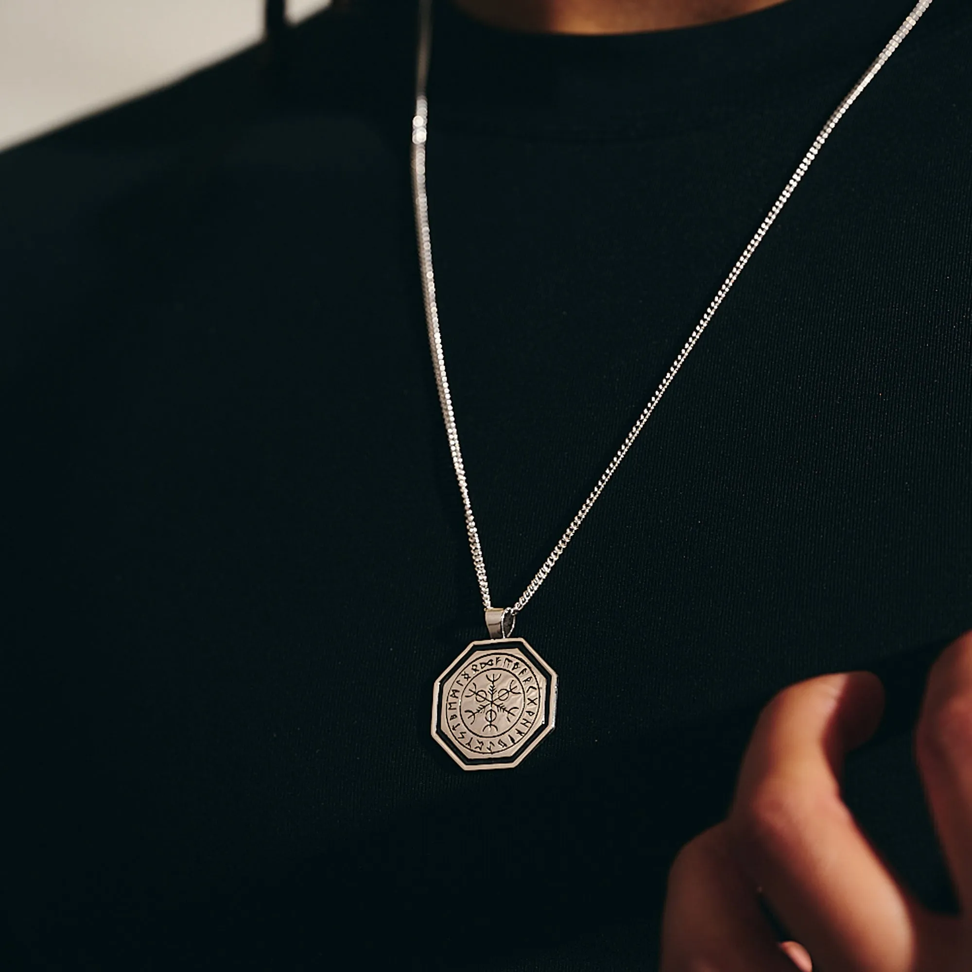 Octagon Vegvisir Viking Rune Personalised Silver Necklace