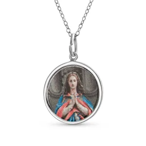 Oval Religious Medal Virgin Mary Pendant Necklace in Sterling Silver