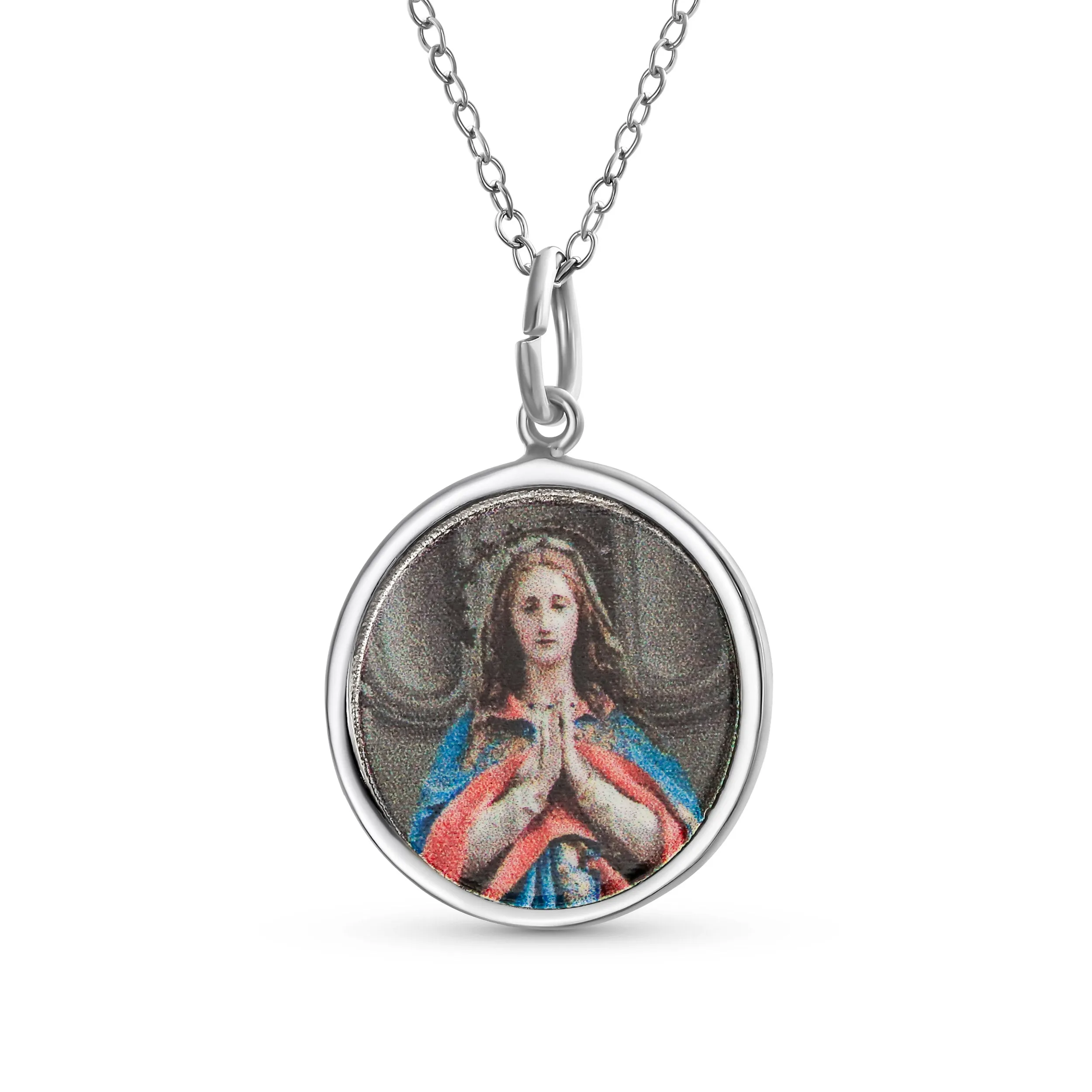 Oval Religious Medal Virgin Mary Pendant Necklace in Sterling Silver