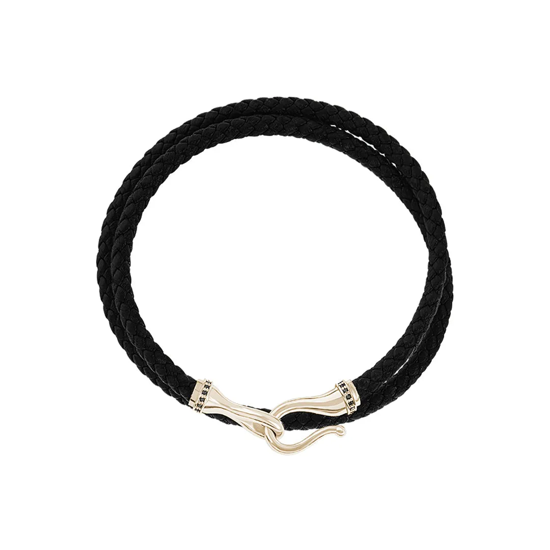 Pave Fish Hook Wrap Leather Bracelet in Gold