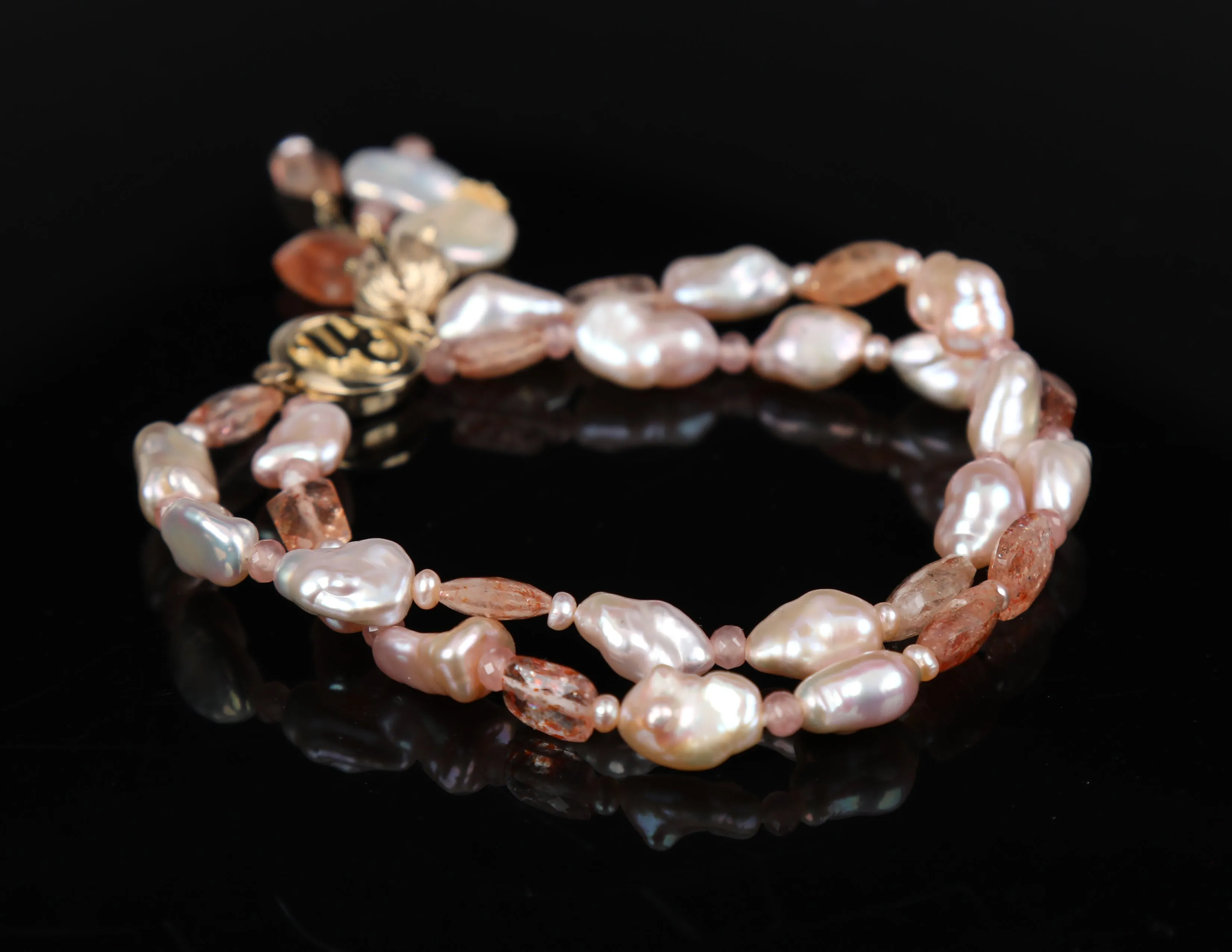 Pearl, Rhodochrosite, Sunstone, and Gold Bracelet